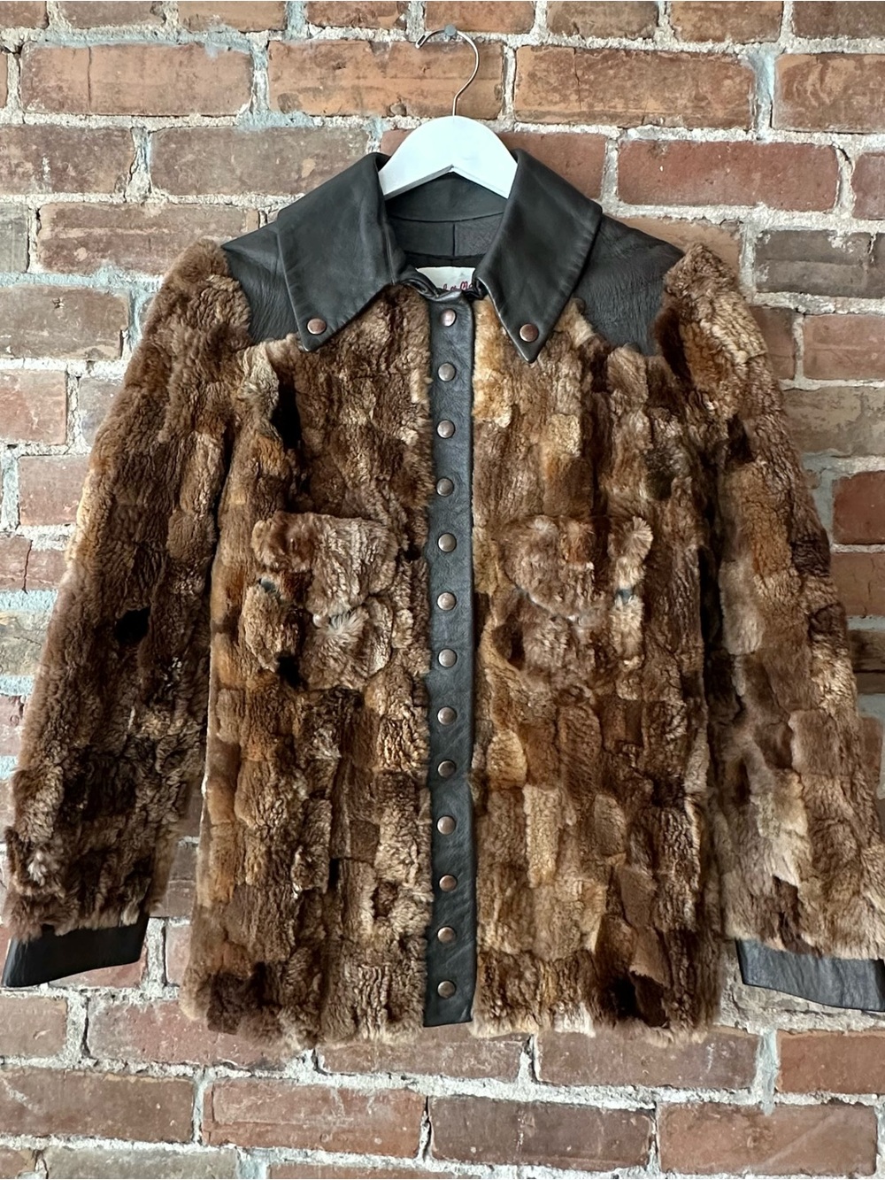 1970s Vintage Brown Fur Patchwork Leather Trim Jacket